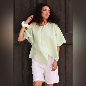 Adeptt Women's Rowan's Linen Assymetrical Blouse Tea Green XL Lagenlook Oversize